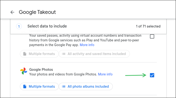 Selecting Google Photos on the Google Takeout start screen