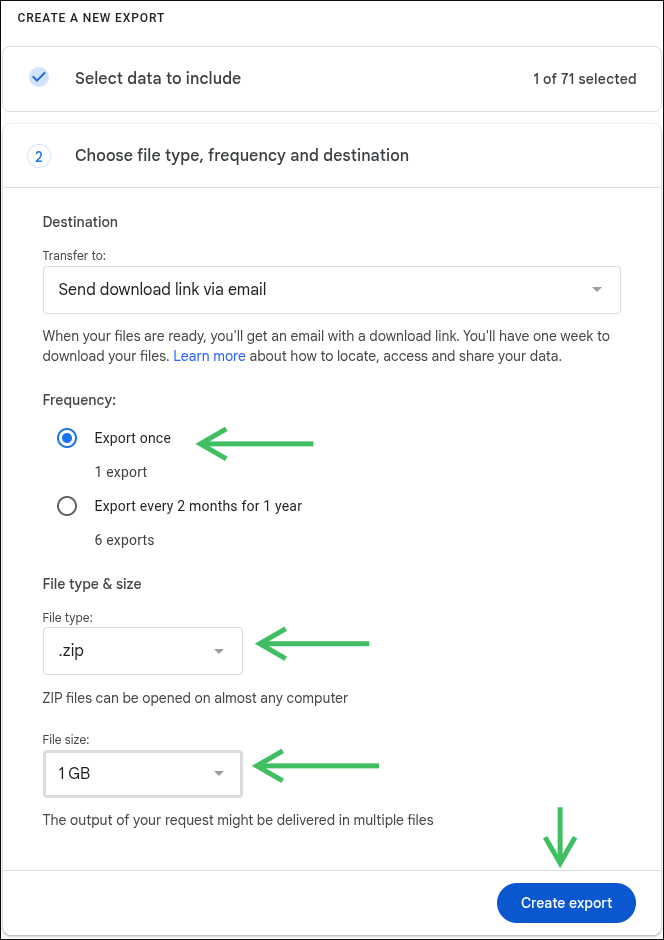 Google Takeout export settings, file type set to zip and file size to 1 GB