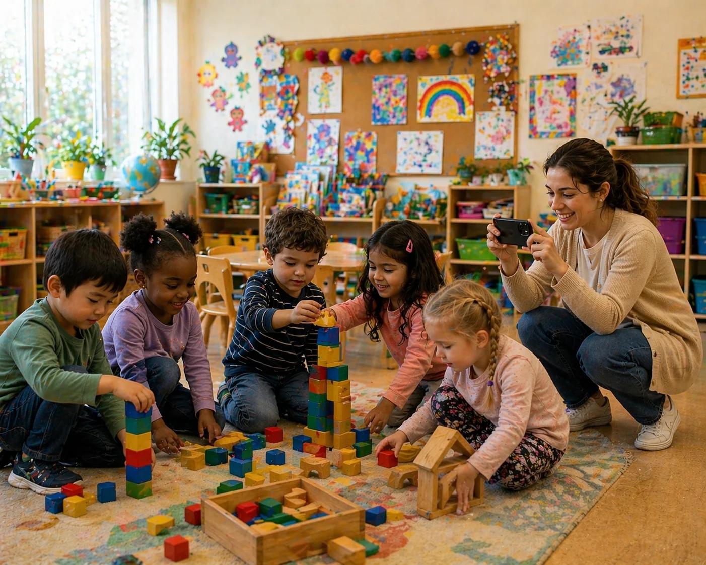 Erzieher:in fotografiert mit Kindern im Kindergarten