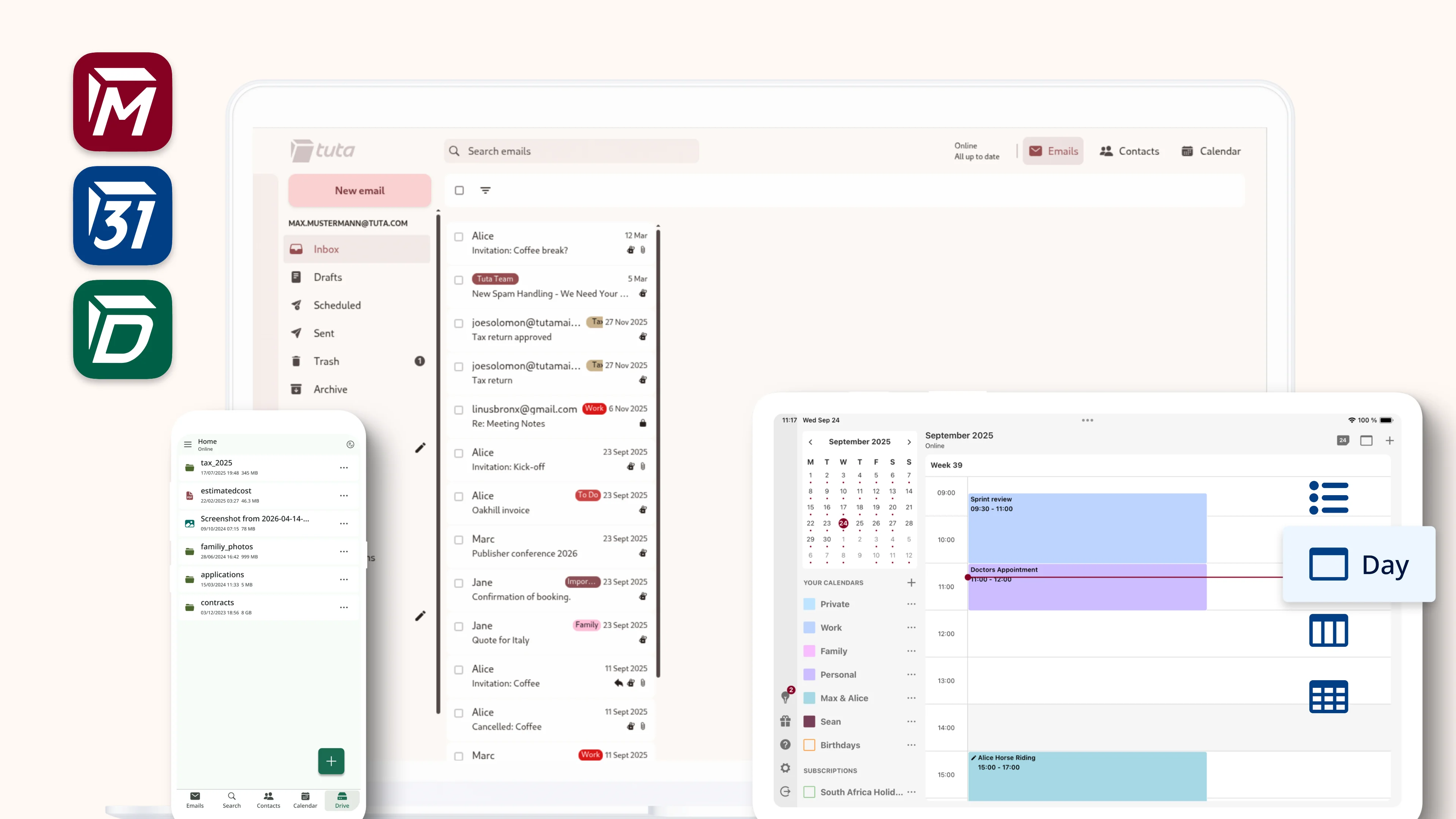Tuta mail and calendar on laptop, tablet and phone